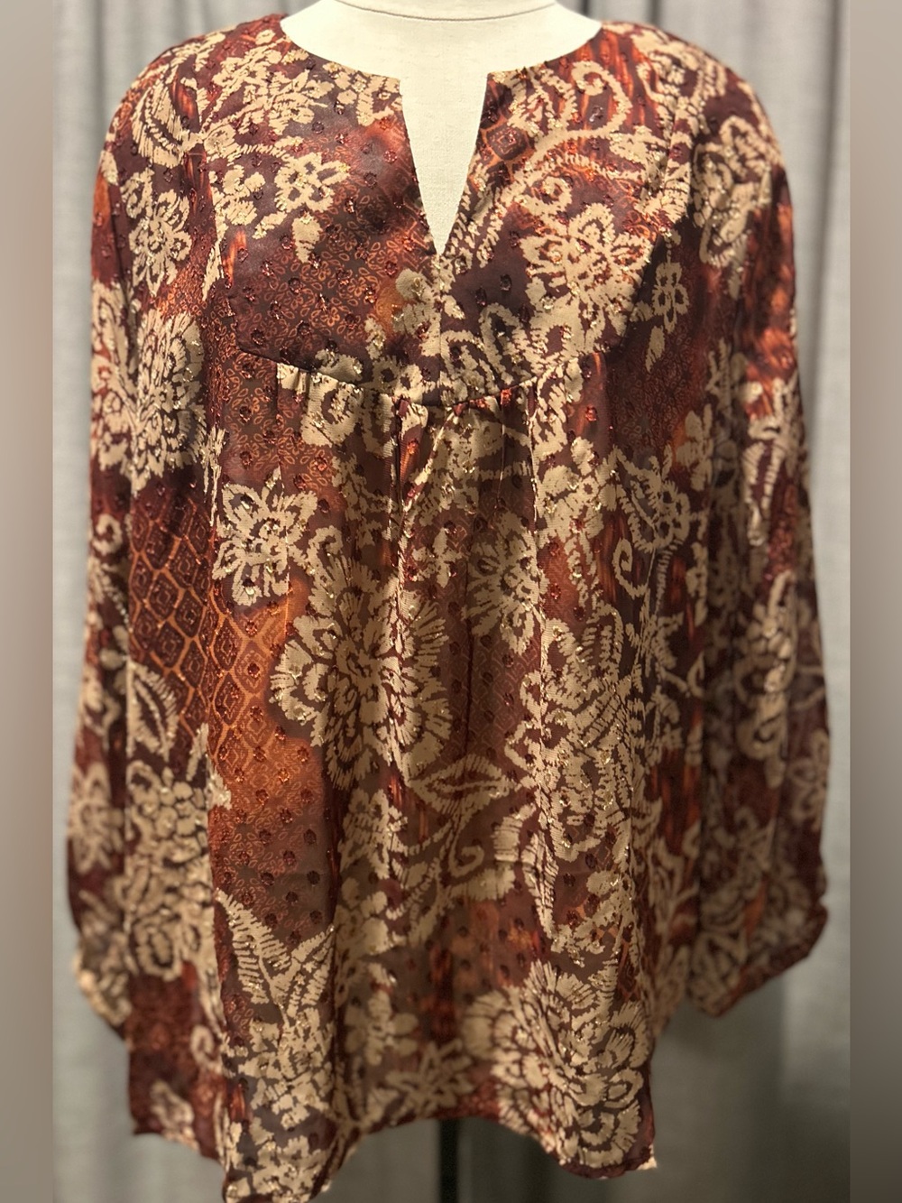 Fever Brown and Cream Floral Burnout Tunic